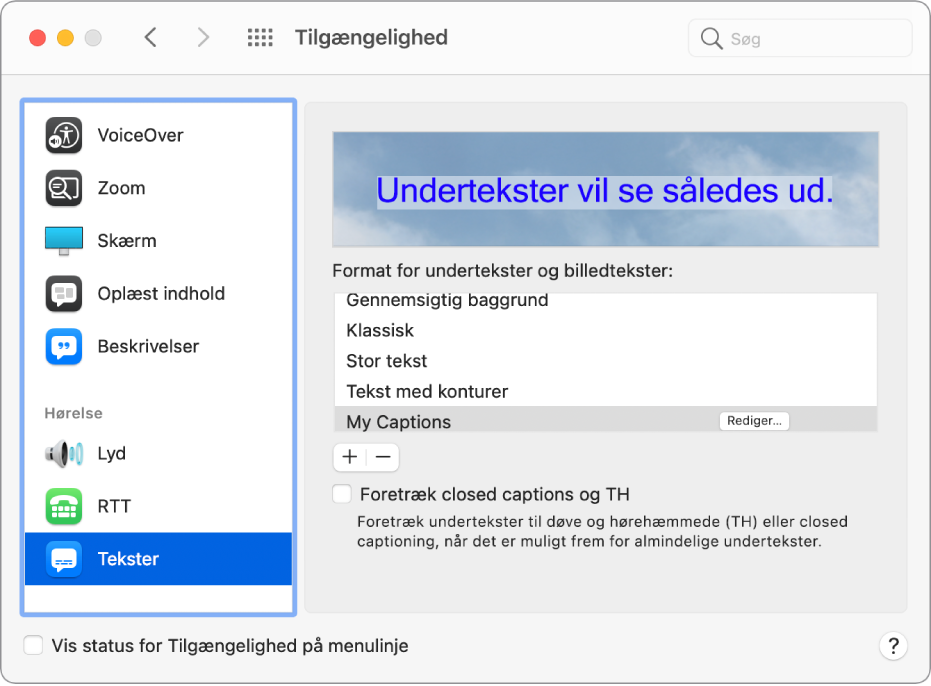 Vinduet Billedtekster i Tilgængelighed. På listen med undertekster og billedtekster er der valgt et specielt format med navnet My Captions. Til højre for formatets navn vises en redigeringsknap.