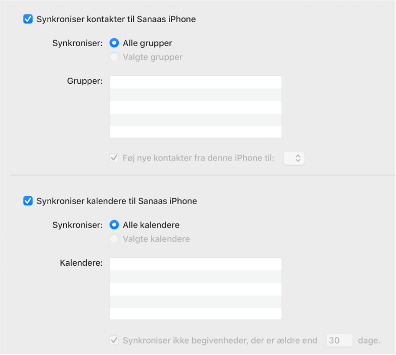 Synkroniseringsindstillingerne for Info viser afkrydsningsfelterne for ”Synkroniser kontakt på enheden” og ”Synkroniser kalendere til enheden” og indstillinger for at vælge grupper af kontakter og et udvalg af kalendere.