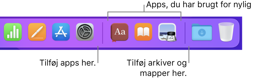 Den højre side af Dock, der viser skillelinjerne før og efter området med de senest brugte apps.