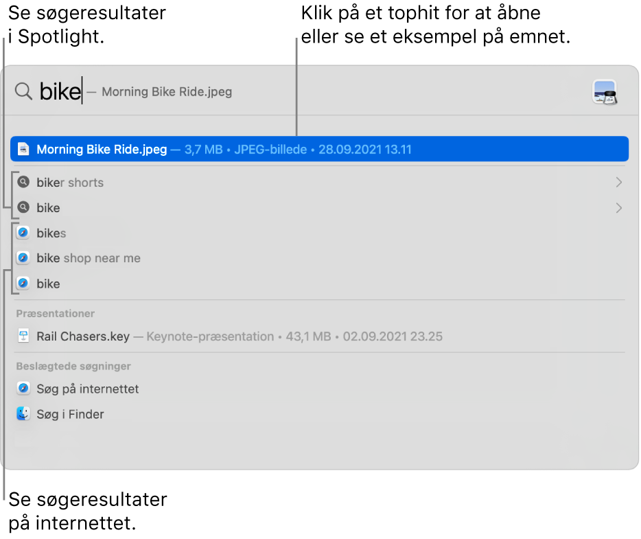 Spotlight-vinduet, der viser søgetekst i søgefeltet øverst i vinduet og derunder resultater.