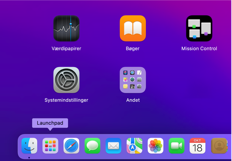 Delen nederst til venstre i Dock, der viser symbolet for Launchpad.