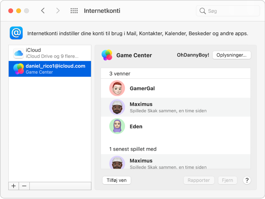 En Game Center-konto er valgt i Internetkonti, og til højre vises en liste med spillevenner.