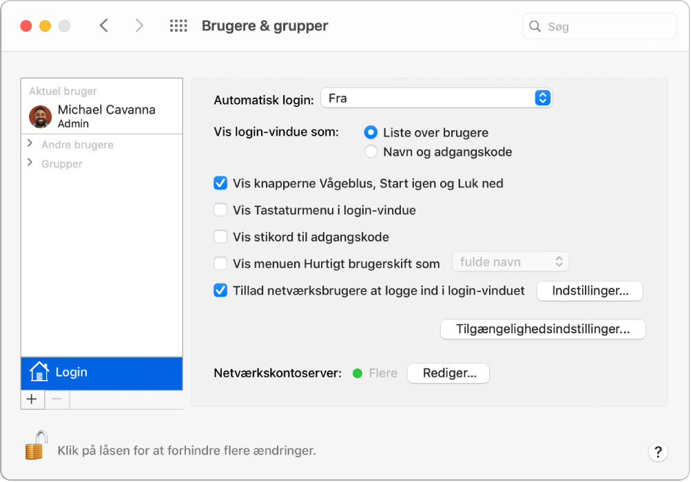 Vinduet Login-muligheder i Brugere & grupper, hvor du kan vælge indstillinger for at tilpasse, hvordan en bruger logger ind.
