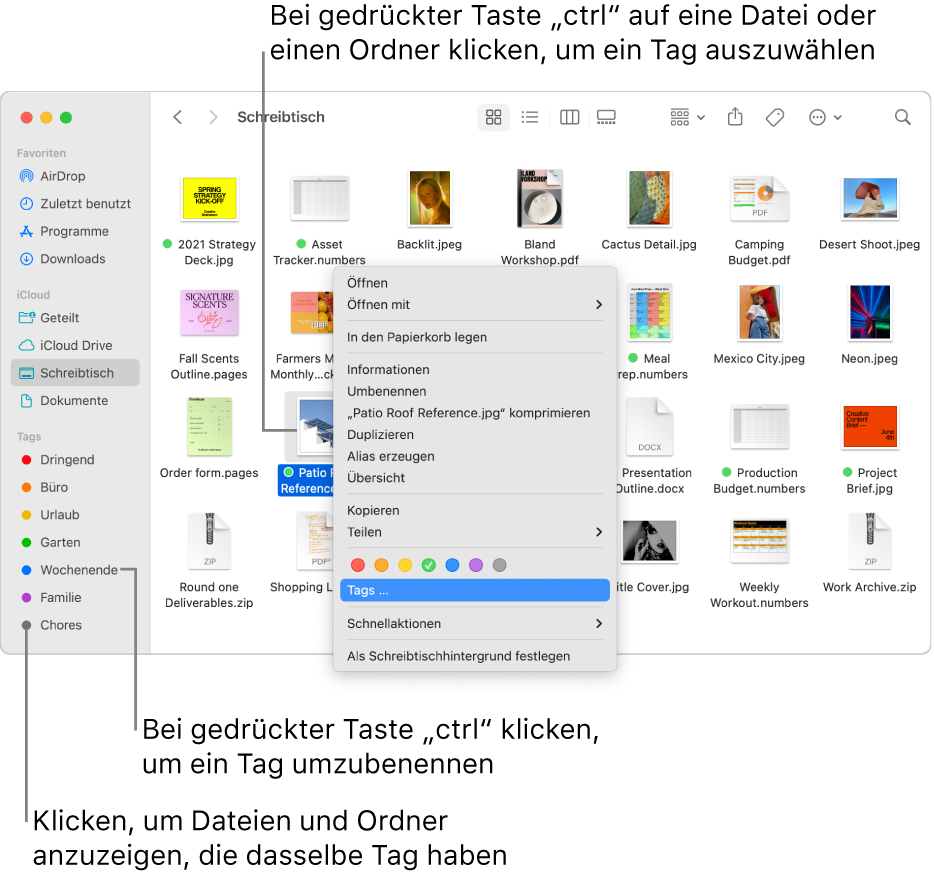 Ein Finder-Fenster enthält getaggte Dateien und Ordner, wobei eine Datei hervorgehoben ist. Im Menü „Kurzbefehl“ können Farben für Tags ausgewählt werden. Die Option „Tags“ ist hervorgehoben.