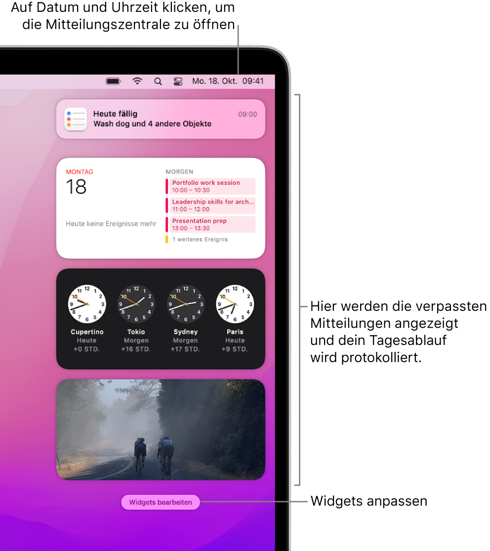 Mitteilungen und Widgets in der Mitteilungszentrale.