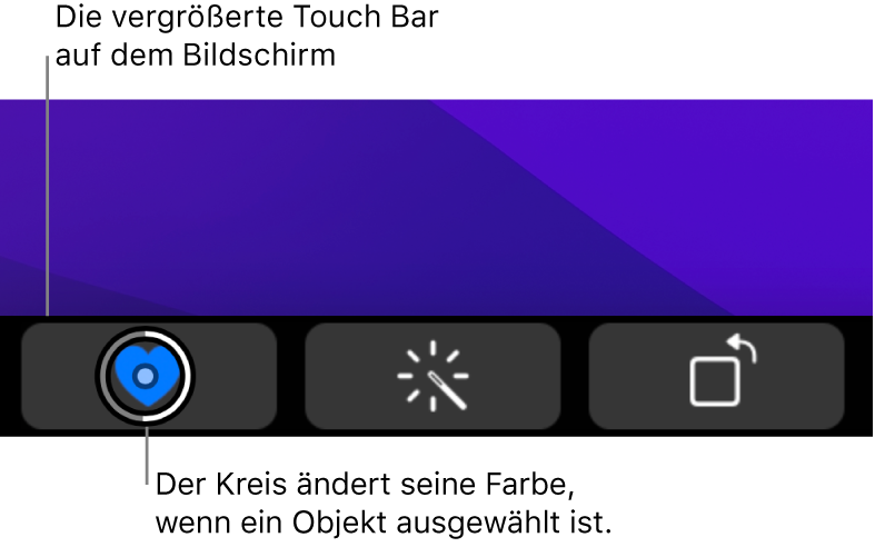 Die eingezoomte Touch Bar unten auf dem Bildschirm; der Kreis über einer Taste ändert sich, wenn die Taste ausgewählt wird.