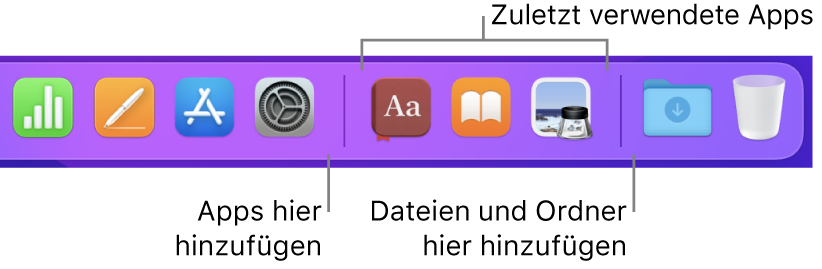 Ein Teil des Docks mit einer Trennlinie zwischen Apps, zuletzt verwendeten Apps sowie Dateien und Ordnern