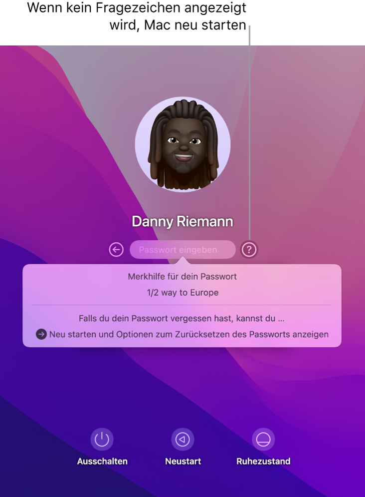 Der Anmeldebildschirm auf dem Mac, der die Merkhilfe für das Passwort und Anleitungen zum Zurücksetzen des Passworts zeigt.
