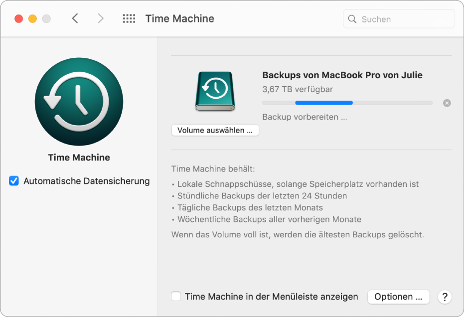 Systemeinstellung „Time Machine“ mit der Statusanzeige eines Backups auf einem externen Laufwerk