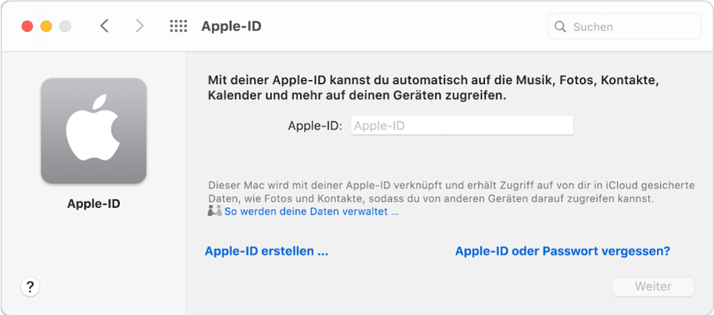 Apple-ID-Dialogfenster für die Eingabe eines Namens für eine Apple-ID. Ein Link „Apple-ID erstellen“ ermöglicht es dir, eine neue Apple-ID zu erstellen.