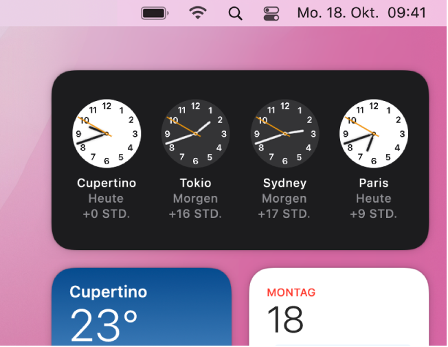 Das Widget „Weltuhr“ in der Mitteilungszentrale mit der aktuellen Uhrzeit in Cupertino, Tokio, Sydney und Paris.
