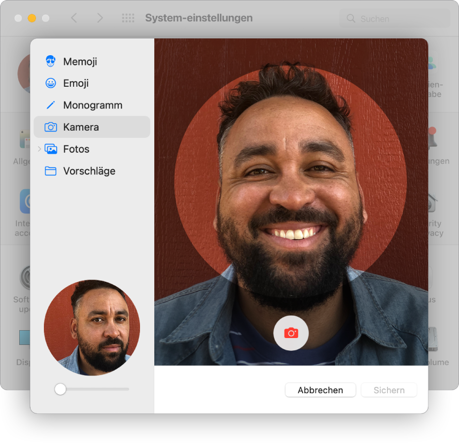 Das Dialogfenster für das Apple-ID-Bild mit ausgewählter Kamera in der Seitenleiste und einer im Sucher positionierten Person auf der rechten Seite.