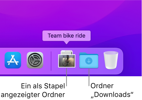 Die rechte Seite des Dock mit einem Ordner, der als Stapel angezeigt wird, und dem Ordner „Downloads“, der als Ordner zu sehen ist.