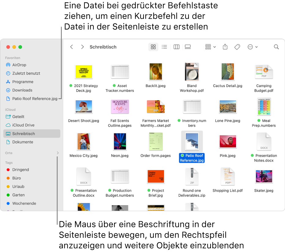 Rechts neben „Orte“ in der Finder-Seitenleiste befindet sich ein Pfeil. Durch Klicken darauf können weitere Objekte angezeigt werden. Rechts im Finder-Fenster ist eine Datei ausgewählt und ein Kurzbefehl zu dieser Datei befindet sich in der Seitenleiste unter „Favoriten“.