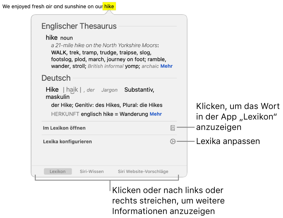 Das Fenster „Nachschlagen“ mit Definition für ein Wort aus Lexikon und Thesaurus