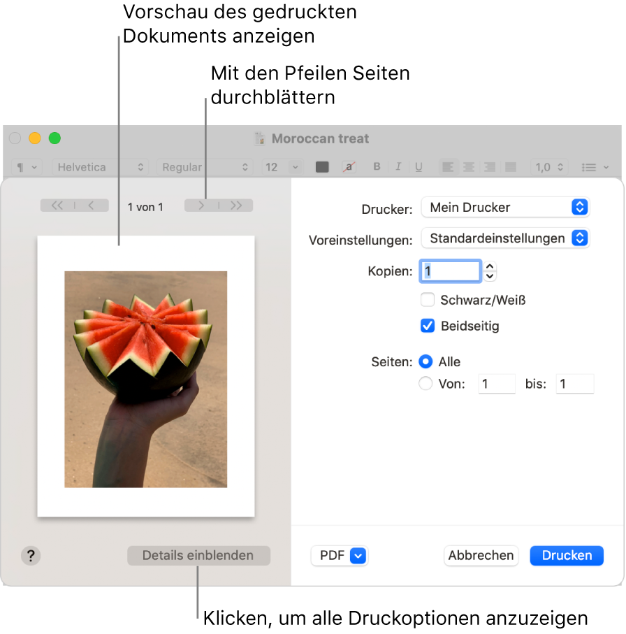 Das Dialogfenster „Drucken“ enthält eine Vorschau deines Druckauftrags. Klicke auf „Details einblenden“, um weitere Druckoptionen zu sehen.
