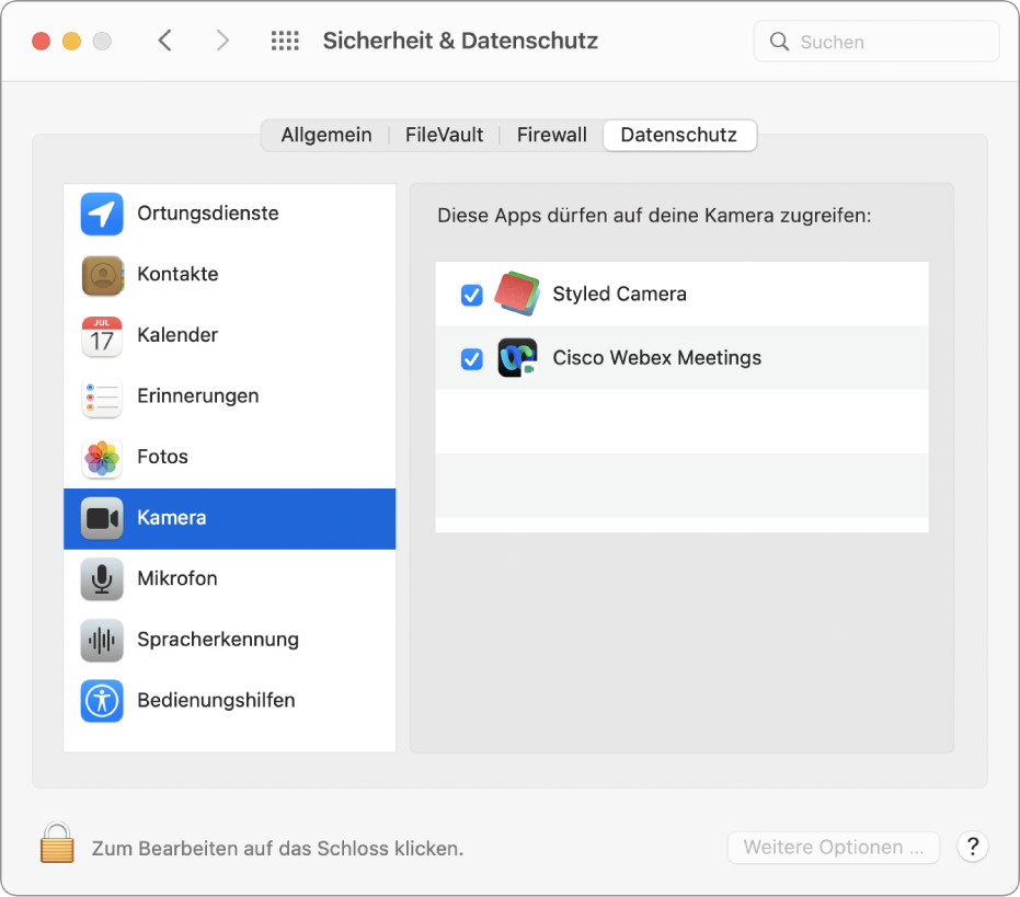 Der Bereich „Datenschutz“ der Systemeinstellung „Sicherheit“. Links ist die Kamera ausgewählt, rechts die Apps, die auf die Kamera zugreifen dürfen.