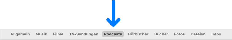 Die Symbolleiste mit der ausgewählten Taste „Podcasts“