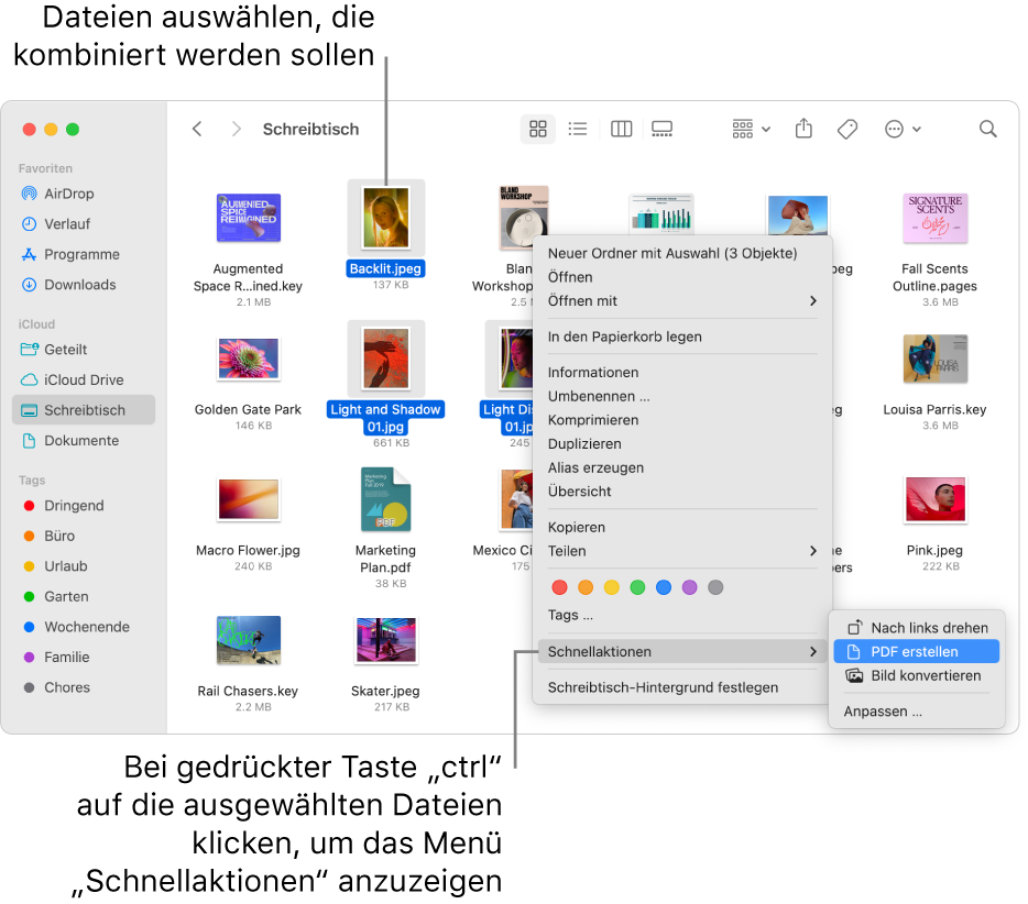 Ein Finder-Fenster enthält Dateien und Ordner, drei Dateien sind ausgewählt und „PDF erstellen“ ist im Menü „Schnellaktionen“ hervorgehoben.