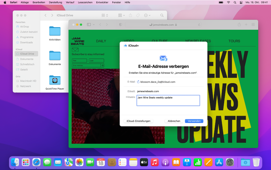 Ein Mac-Schreibtisch mit zwei geöffneten Fenstern: Der Finder zeigt Dateien von iCloud Drive und der App „Safari“ sowie Einstellungen für „E-Mail-Adresse verbergen“.