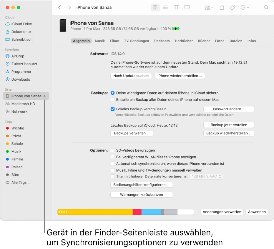 Ein in der Finder-Seitenleiste ausgewähltes Gerät und den im Fenster angezeigten Synchronisierungsoptionen