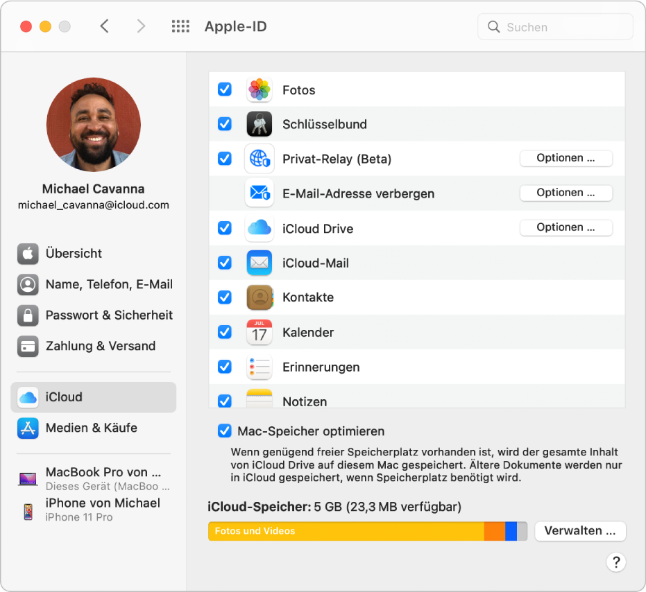 Systemeinstellung „Apple-ID“ mit einer Seitenleiste der verschiedenen Typen von Accountoptionen, die du verwenden kannst, und Einstellungen unter „iCloud“ eines vorhandenen Accounts