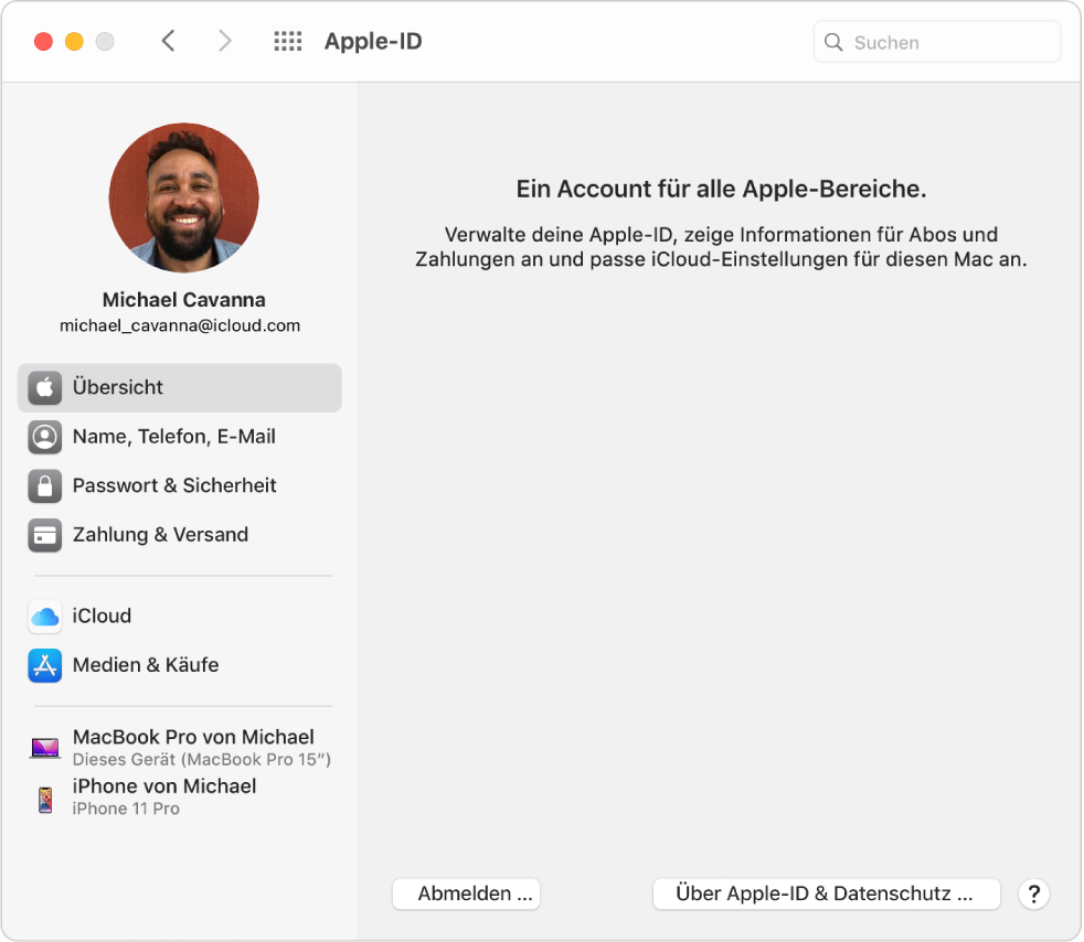 Systemeinstellung „Apple-ID“ mit einer Seitenleiste der verschiedenen Typen von Accountoptionen, die du verwenden kannst, und Einstellungen unter „Übersicht“ mit der Taste „Abmelden“.