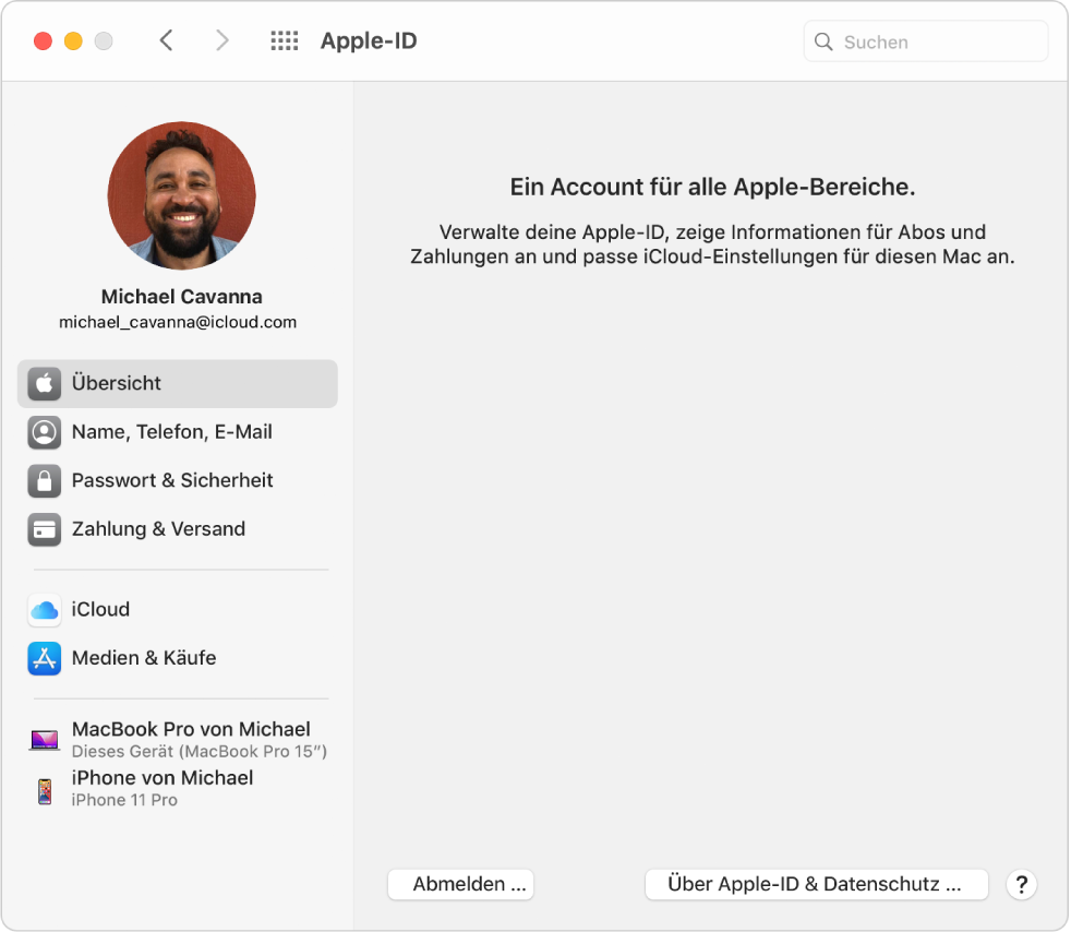 Die Systemeinstellung „Apple-ID“ zeigt eine Seitenleiste mit dem Apple-ID-Bild oben links.