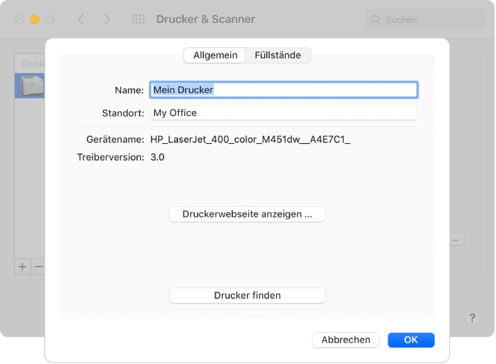Das Fenster „Optionen & Füllstände“ mit dem ausgewählten Tab „Allgemein“ und Feldern zum Bestimmen des Namens und Standorts des Druckers.