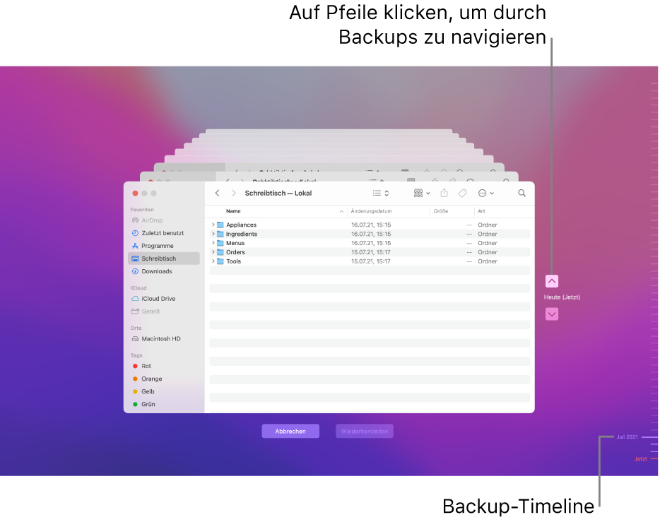 Beim Öffnen von Time Machine ist die Anzeige auf dem Bildschirm verzerrt und es sind mehrere gestapelte Finder-Fenster für die Backups zu sehen. Klicke auf die Pfeile, um in den Backups zu navigieren (oder klicke rechts auf die Backup-Timeline) und wähle die Dateien für die Wiederherstellung aus.