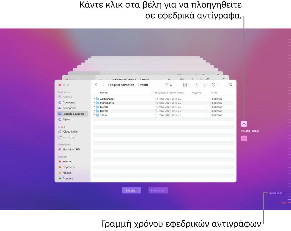 Κατά το άνοιγμα του Time Machine, βλέπετε μια θαμπή οθόνη με στοιβαγμένες πολλαπλές οθόνες Finder που αντιπροσωπεύουν εφεδρικά αντίγραφα. Κάντε κλικ στα βέλη για πλοήγηση μεταξύ των εφεδρικών αντιγράφων σας (ή κάντε κλικ στη γραμμή χρόνου εφεδρικών αντιγράφων στα δεξιά) και επιλέξτε τα αρχεία προς επαναφορά.