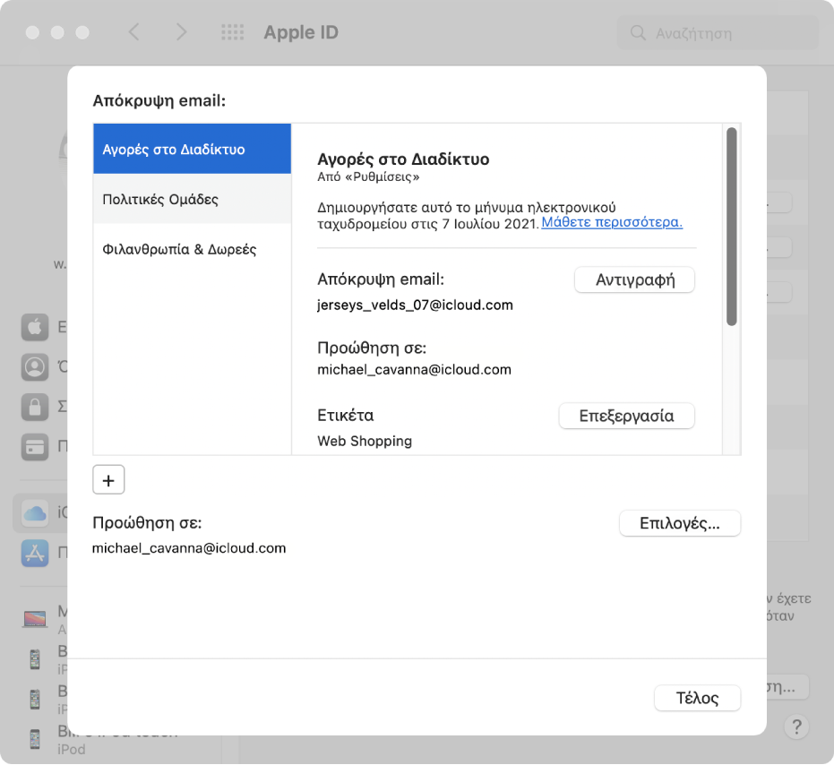 Προτίμηση «Απόκρυψη email» και κουμπί «Επιλογές» στο παράθυρο προτιμήσεων για το iCloud.