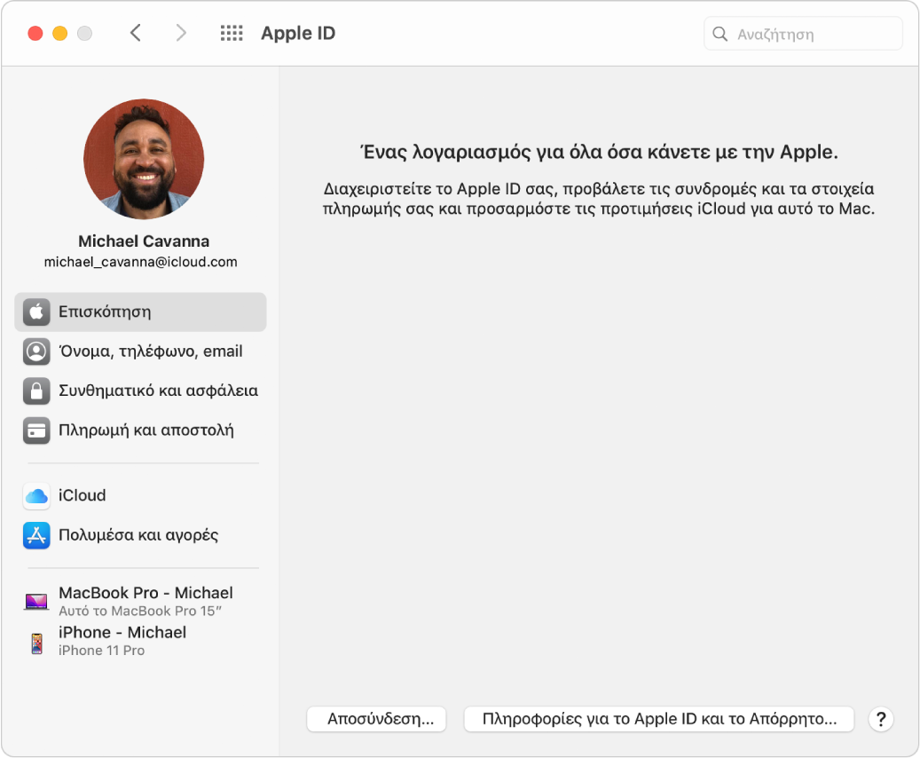 Οι προτιμήσεις για το Apple ID εμφανίζουν μια πλαϊνή στήλη διαφορετικών τύπων ρυθμίσεων λογαριασμού που μπορείτε να χρησιμοποιήσετε και τις προτιμήσεις Σύνοψης που εμφανίζει ένα κουμπί Αποσύνδεσης.