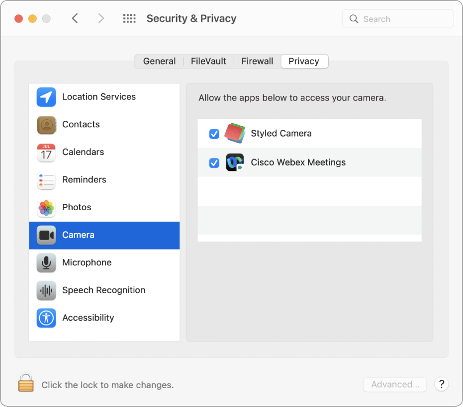 The Privacy pane in Security & Privacy System Preferences. Camera is selected in the sidebar on the left and the apps that can access the camera are selected on the right.