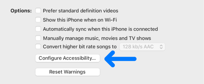 The Configure Accessibility button shown below the tick boxes for syncing options.