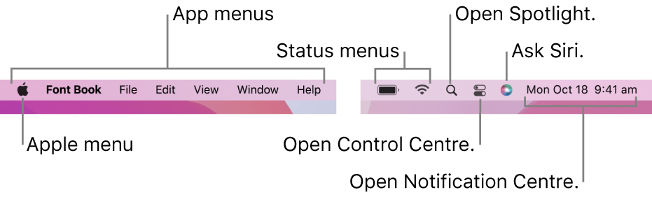 The menu bar. On the left are the Apple menu and app menus. On the right are status menus, Spotlight, Control Centre, Siri and Notification Centre.