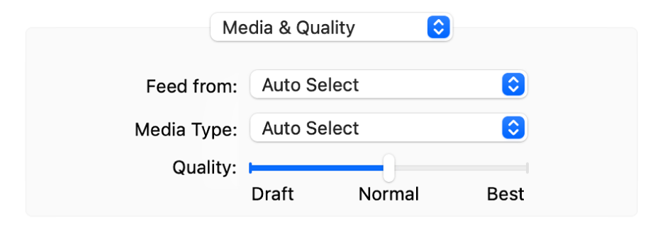 The Media & Quality option showing the “Feed from” and Media Type pop-up menus and a Quality scale slider.