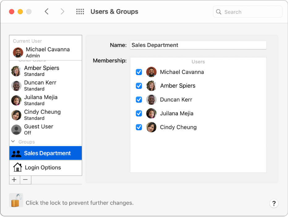 Users & Groups preferences showing a group selected on the left; the name of the  group and its members appear on the right.