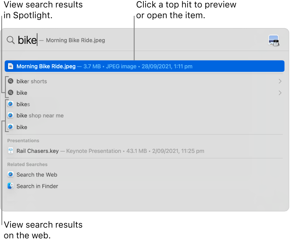 The Spotlight window showing search text in the search field at the top of the window and results below.