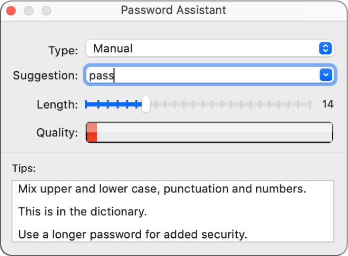 The Password Assistant window showing options for creating a password.