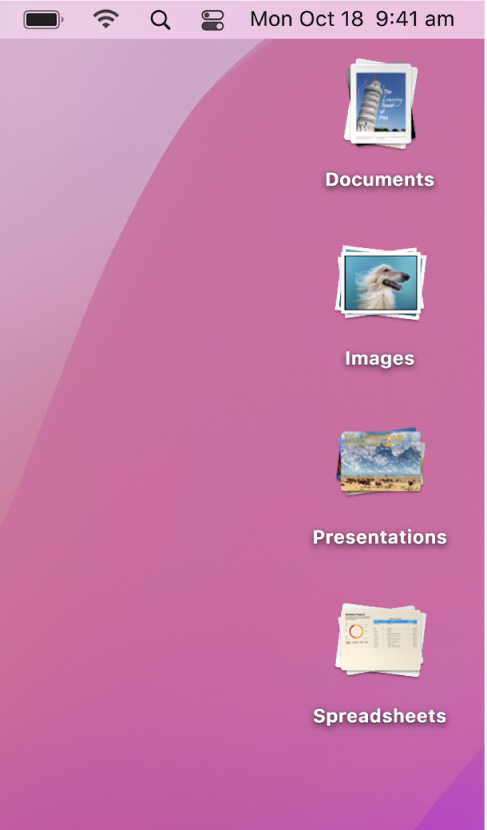 A Mac desktop with four stacks — for documents, images, presentations, and spreadsheets — along the right edge of the screen.