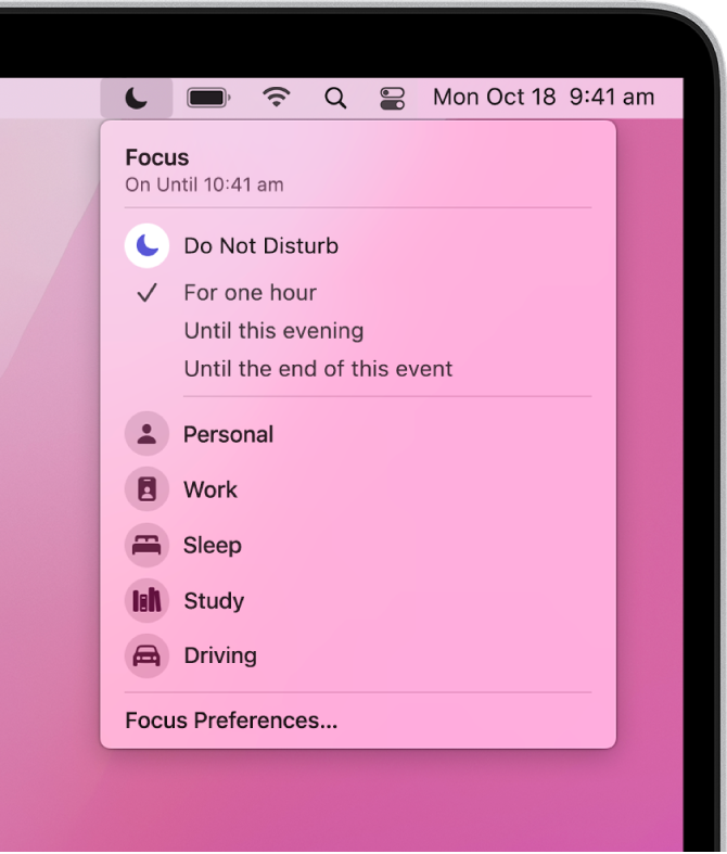 The Focus status menu open to show the Focus list, including Personal, Work, Study and others. Do Not Disturb is at the top of the list and is on for one hour.