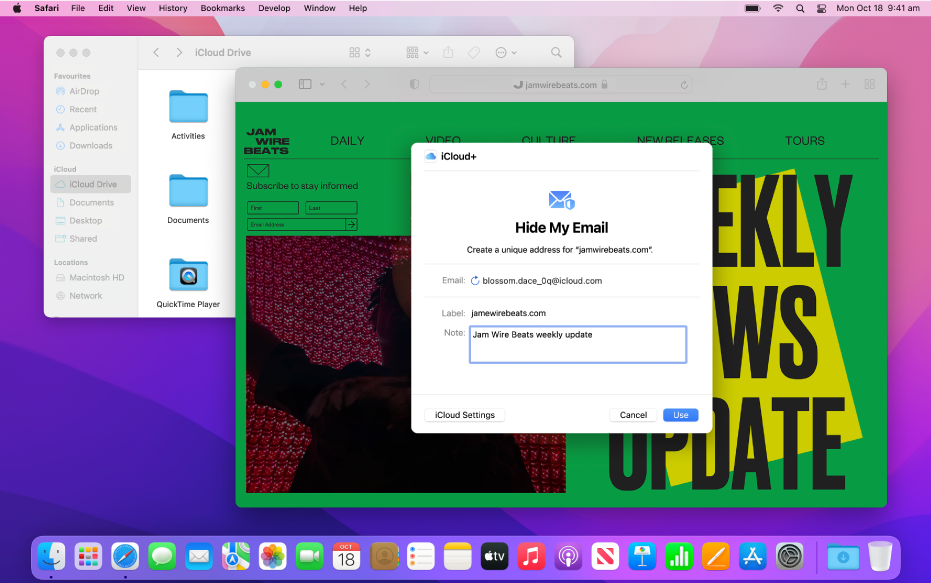 A Mac desktop showing two open windows — the Finder showing files from iCloud Drive and the Safari app and Hide My Email settings.