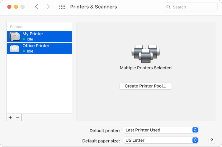 The Printer & Scanners dialogue showing two printers selected in the Printer list and the Create Printer Pool button on the right.