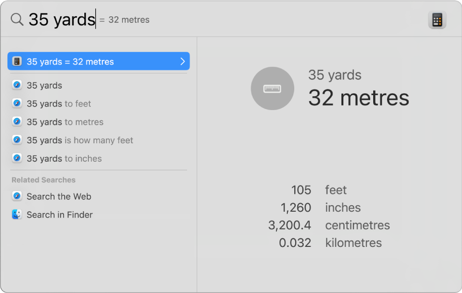 The Spotlight window showing a conversion of yards to metres in the search field. On the left is a list of search results. Additional conversions are shown in the preview on the right.