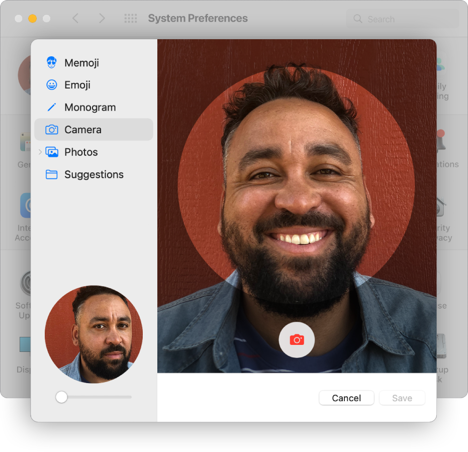 The Apple ID picture dialogue with Camera selected in the sidebar and a person posed in the viewfinder on the right.