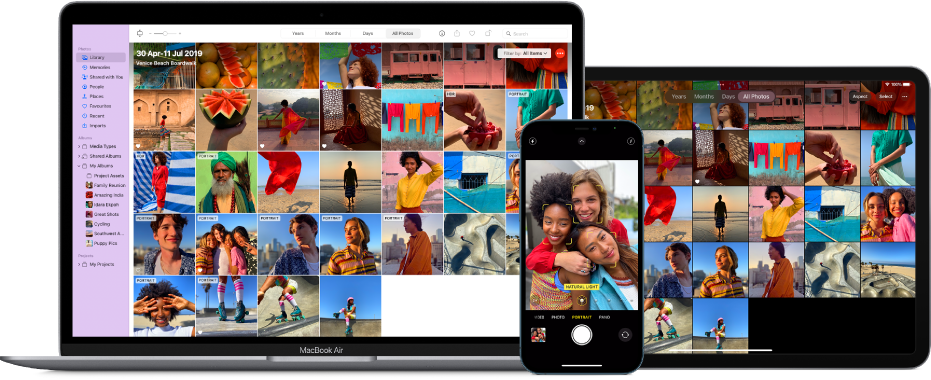 A Mac, iPhone and iPad showing the same photo library.
