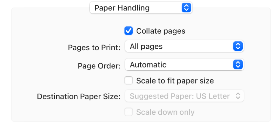 The Paper Handling option chosen in the print options pop-up menu and the Page Order pop-up menu appears for changing page order.