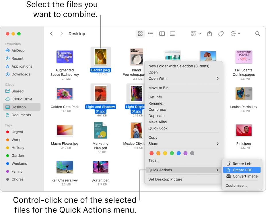 A Finder window containing files and folders, where three files are selected and Create PDF is highlighted in the Quick Actions menu.