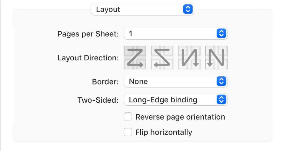 The Layout option chosen in the print option pop-up menu, with the Reverse page orientation tick box.